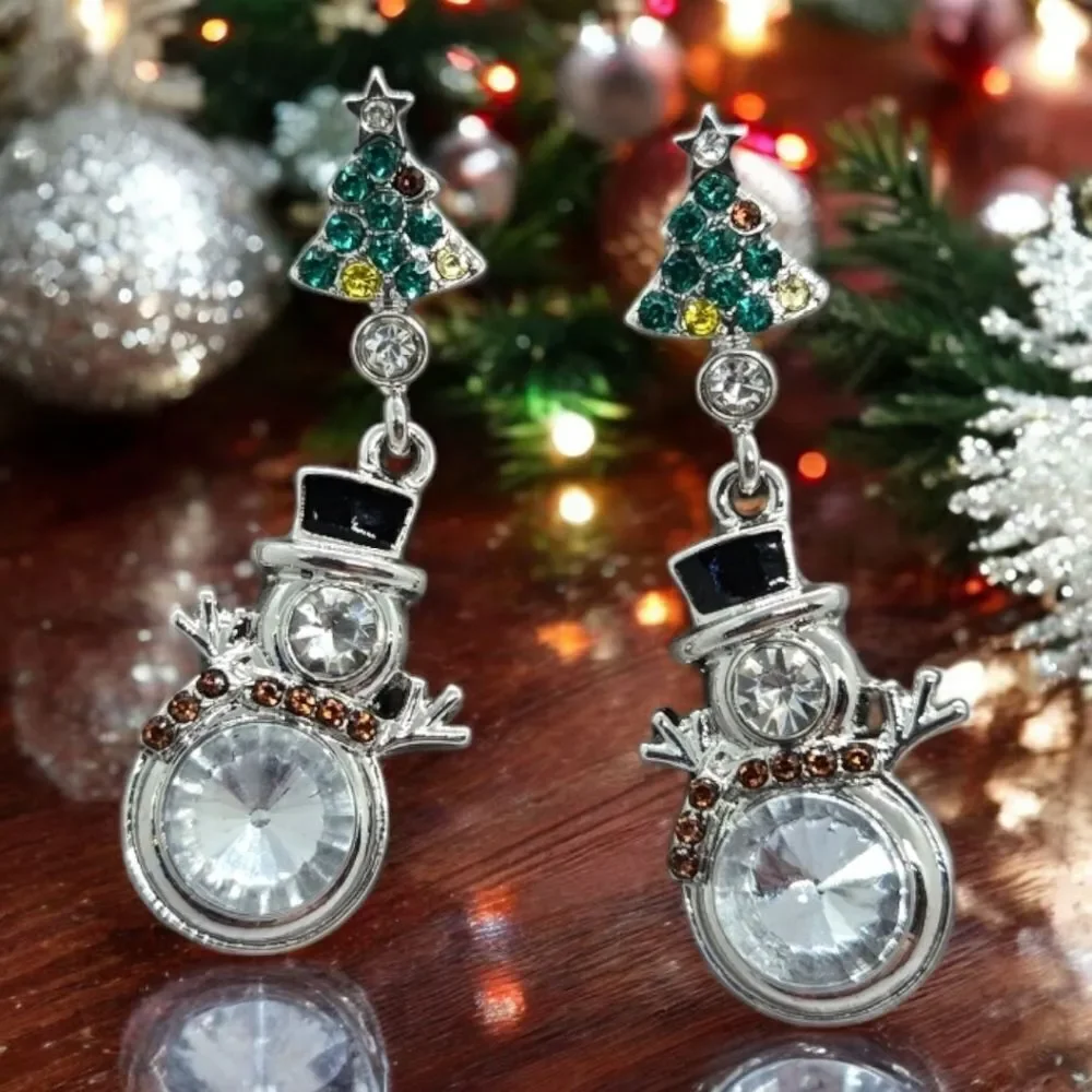 Snowman ☃️ Rhinestone Christmas Tree Earrings Dangle Drop Pierced Ears Jewelry